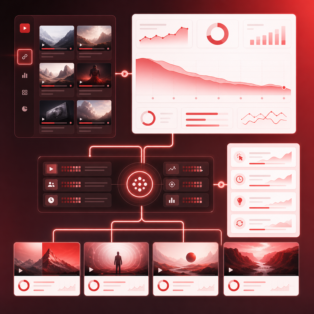 SaaS analytics illustration showing connected channel data, winning patterns, and next-video planning cards.
