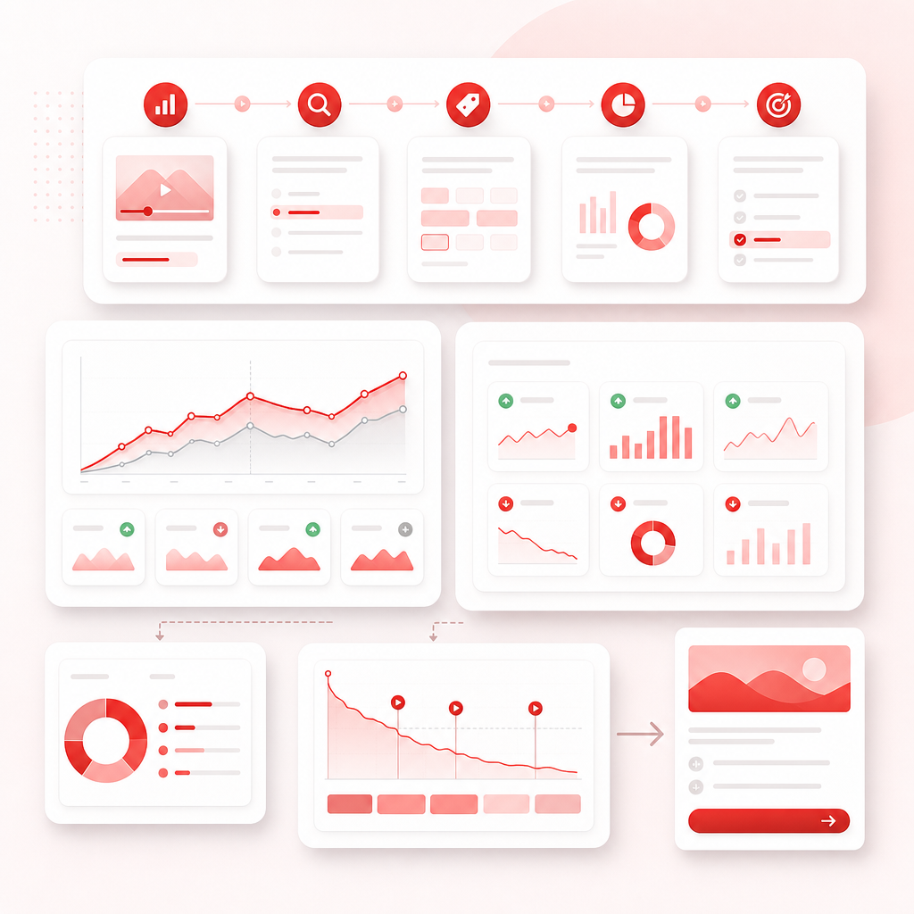 Workflow dashboard illustration showing a step-by-step analytics review process for video decisions.