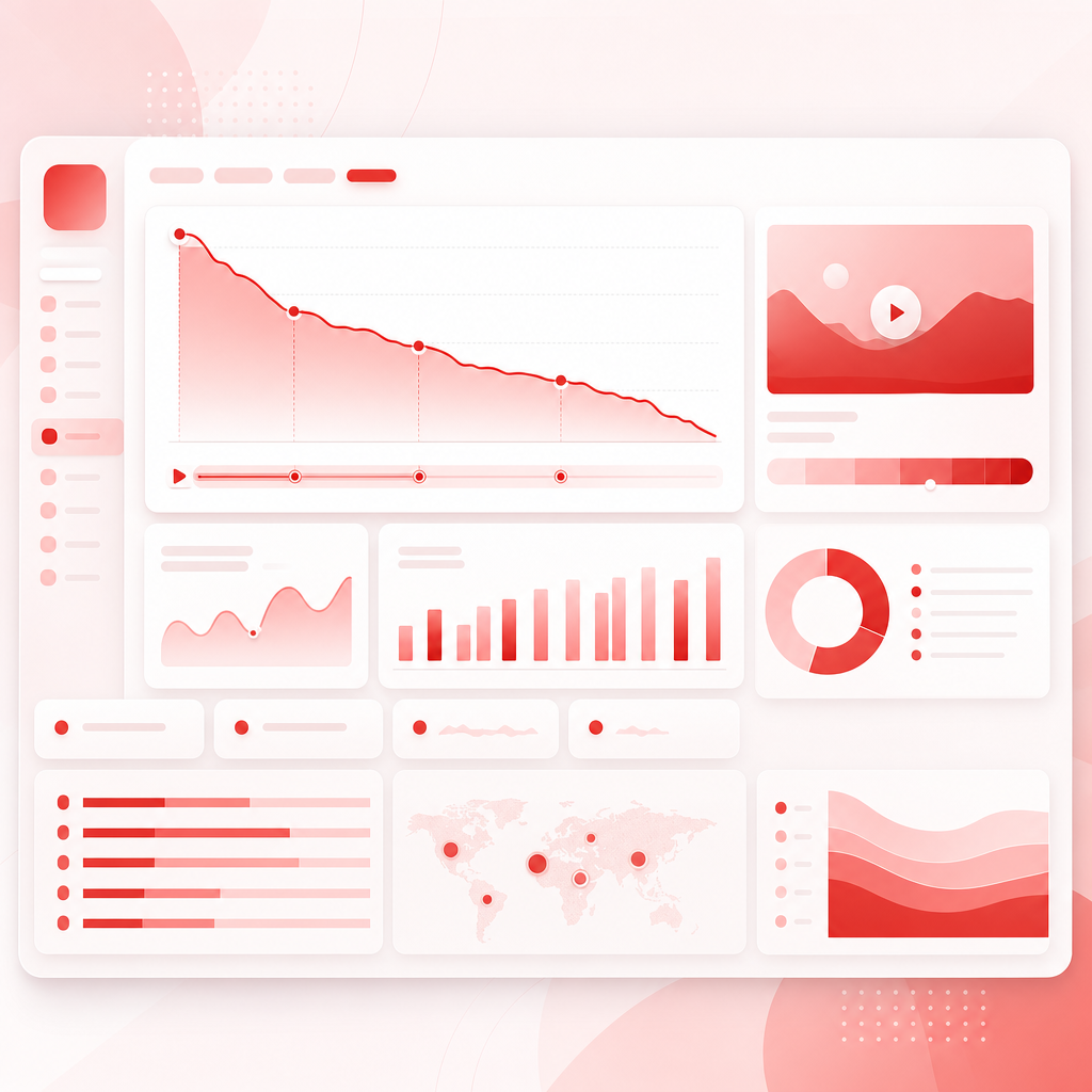 Dashboard-style illustration of long-form YouTube analytics signals including clicks, retention, and traffic sources.