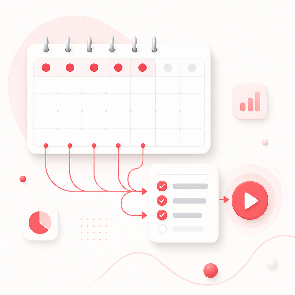Illustration of a weekly video planning workflow turning research into briefs and publishing.