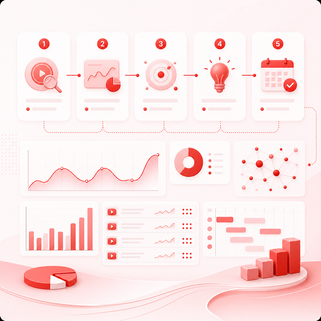 Workflow-style illustration showing steps for niche selection, trend scanning, gap identification, and keyword generation.