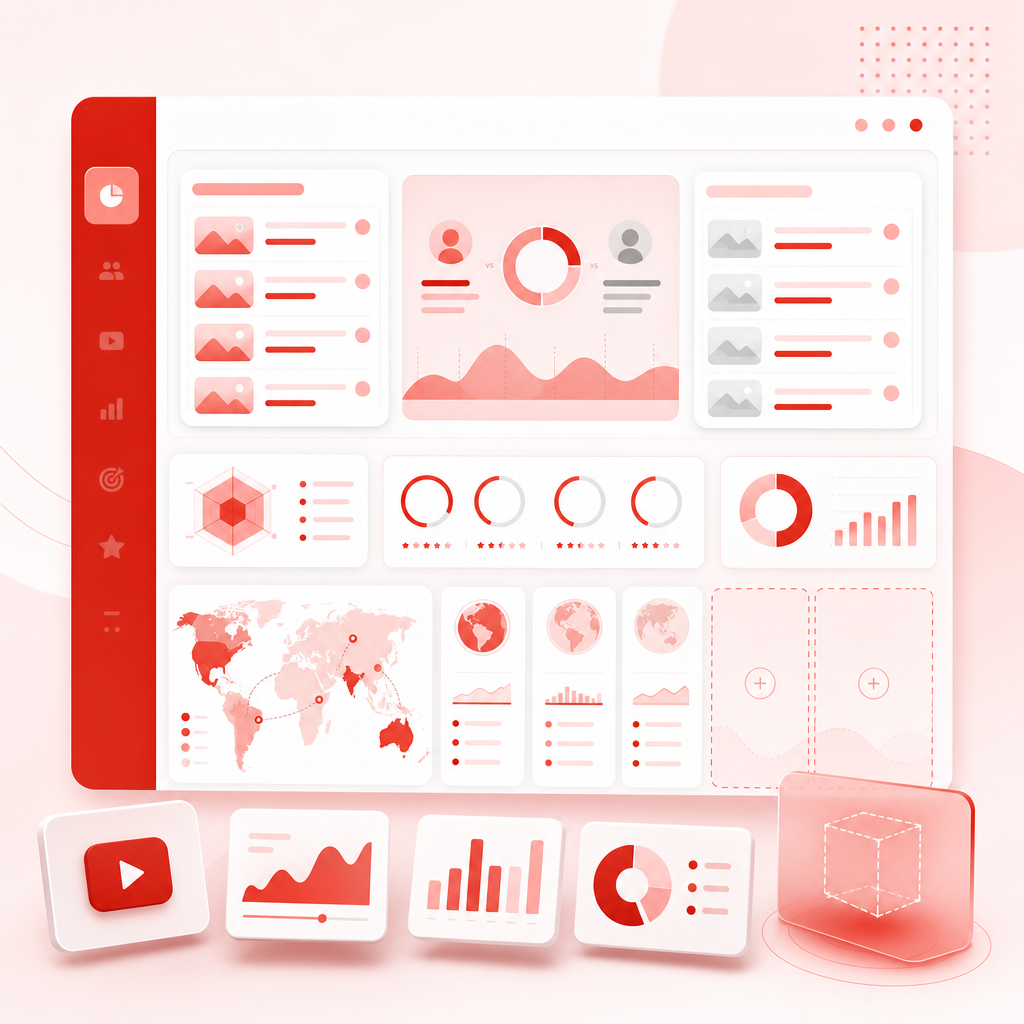 Dashboard illustration showing content gap discovery across competitor topics, outdated content, and regional opportunities.
