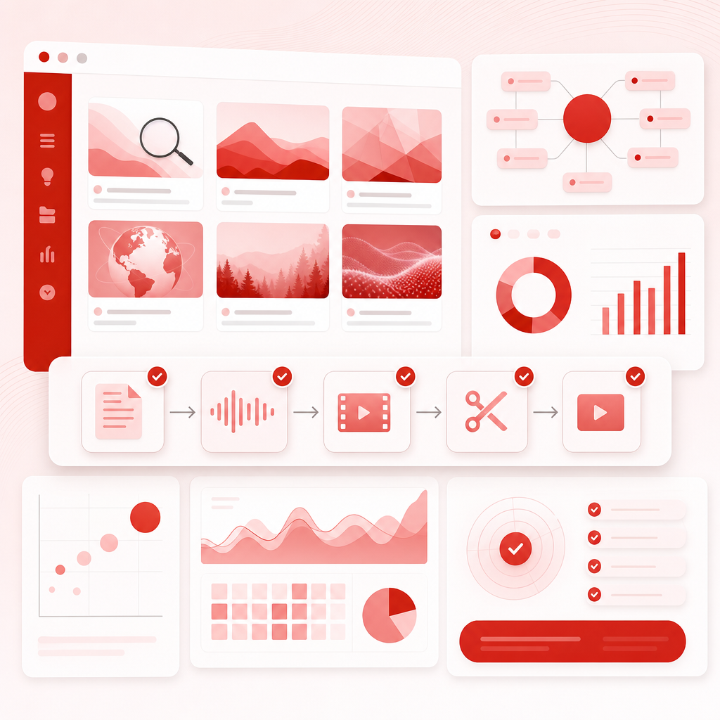 Workflow dashboard illustration for selecting faceless-friendly YouTube topics with keyword clusters and content gap validation.