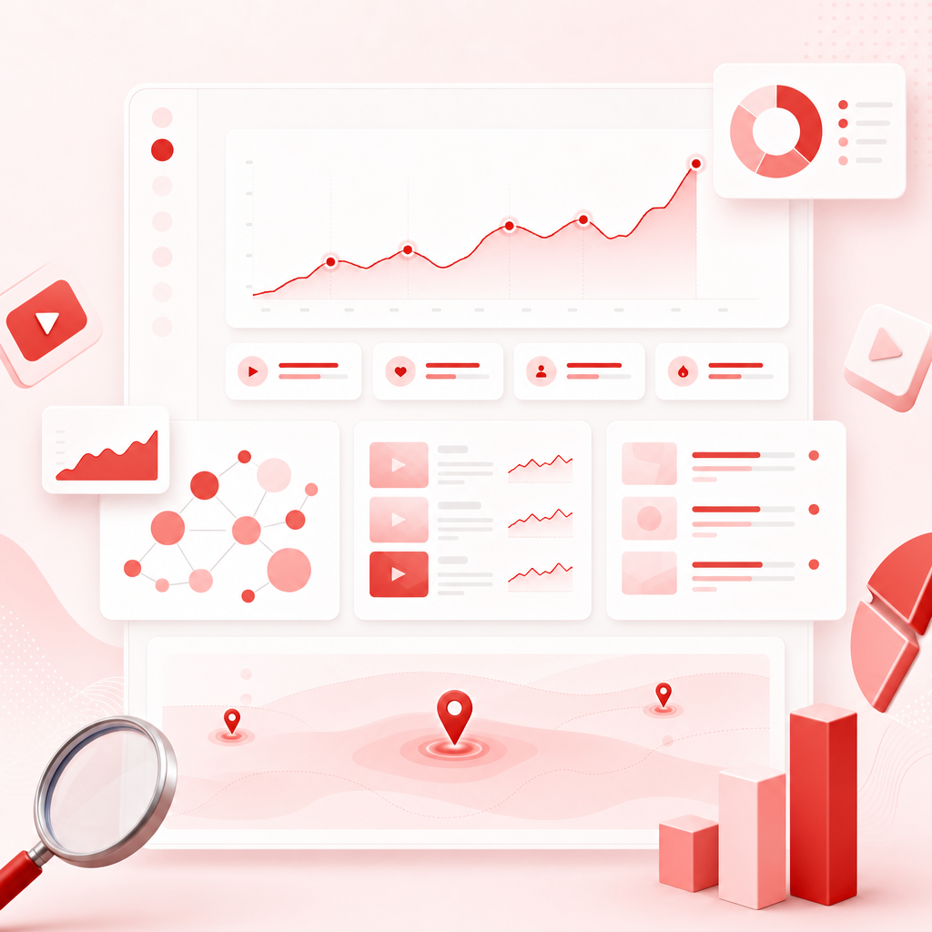 SaaS dashboard illustration showing YouTube trend research, keyword clusters, and content gap opportunity panels.