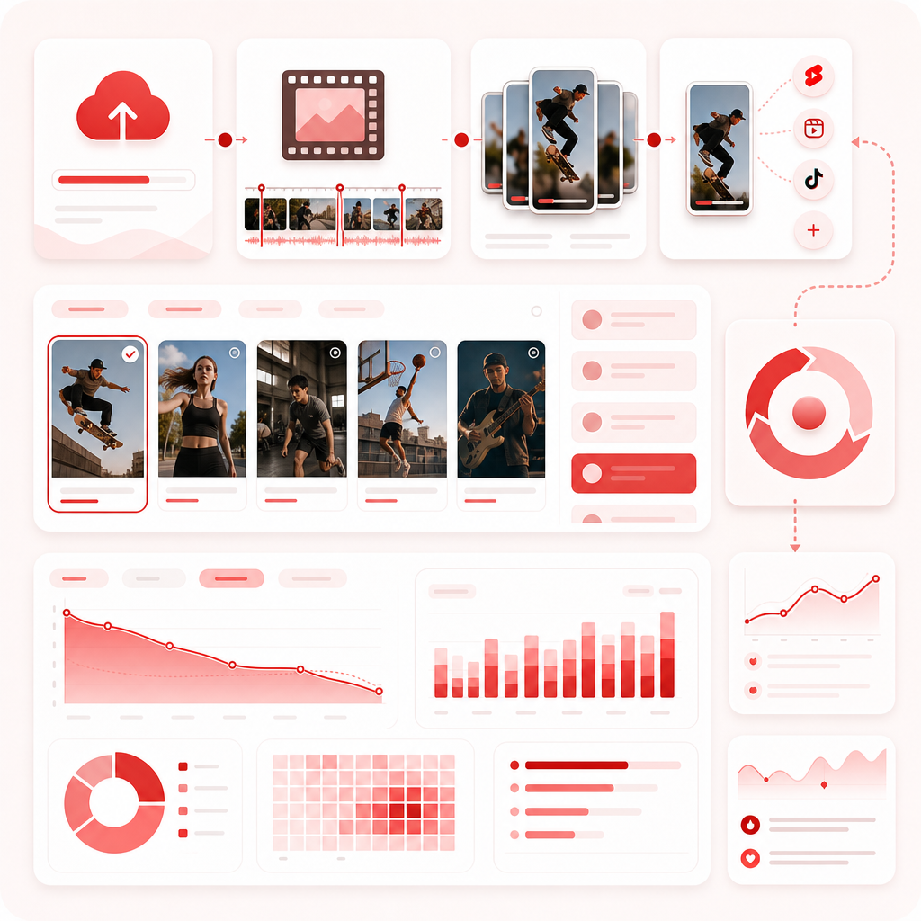 Dashboard illustration for automated clip pipeline, distribution workflow, and analytics optimization.