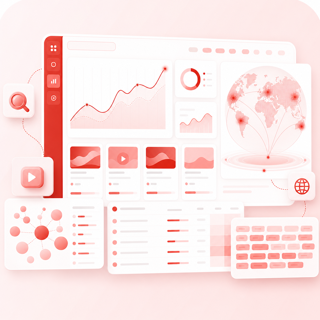 Premium dashboard illustration for discovering YouTube topics, trends, content gaps, and keywords.