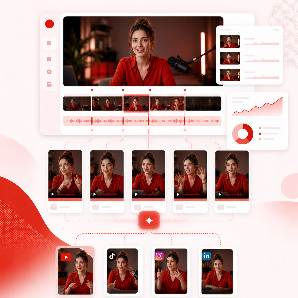 Dashboard illustration showing a long video being transformed into multiple short-form clips.