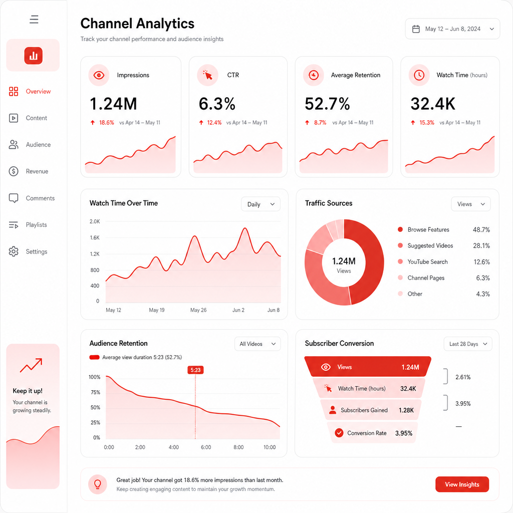 Illustration of YouTube analytics metrics guiding next upload decisions.