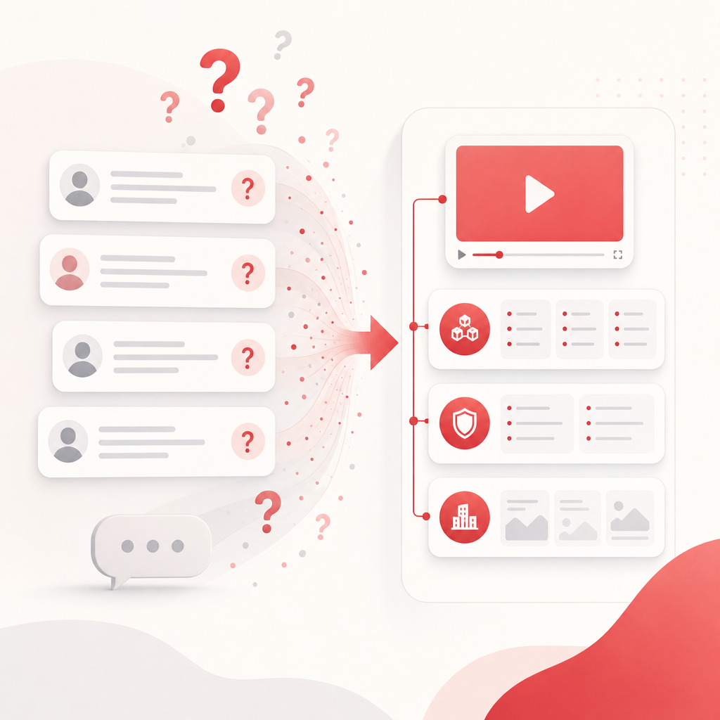 Illustration showing how pricing questions become structured YouTube content opportunities with clear grouped sections.