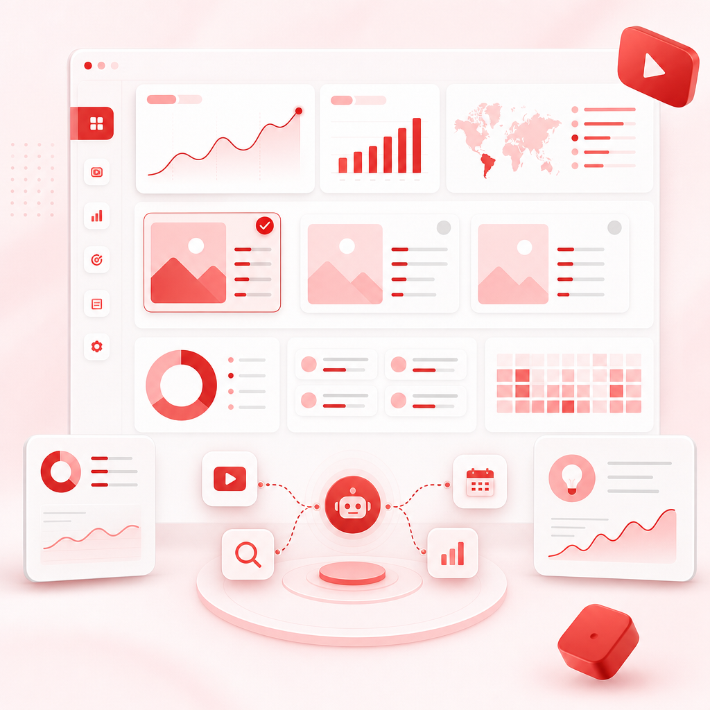 SaaS dashboard illustration of automated YouTube trend research and content gap detection