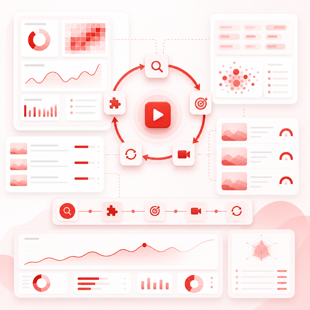 Dashboard-style illustration of a YouTube SEO research workflow loop with keyword and content gap panels