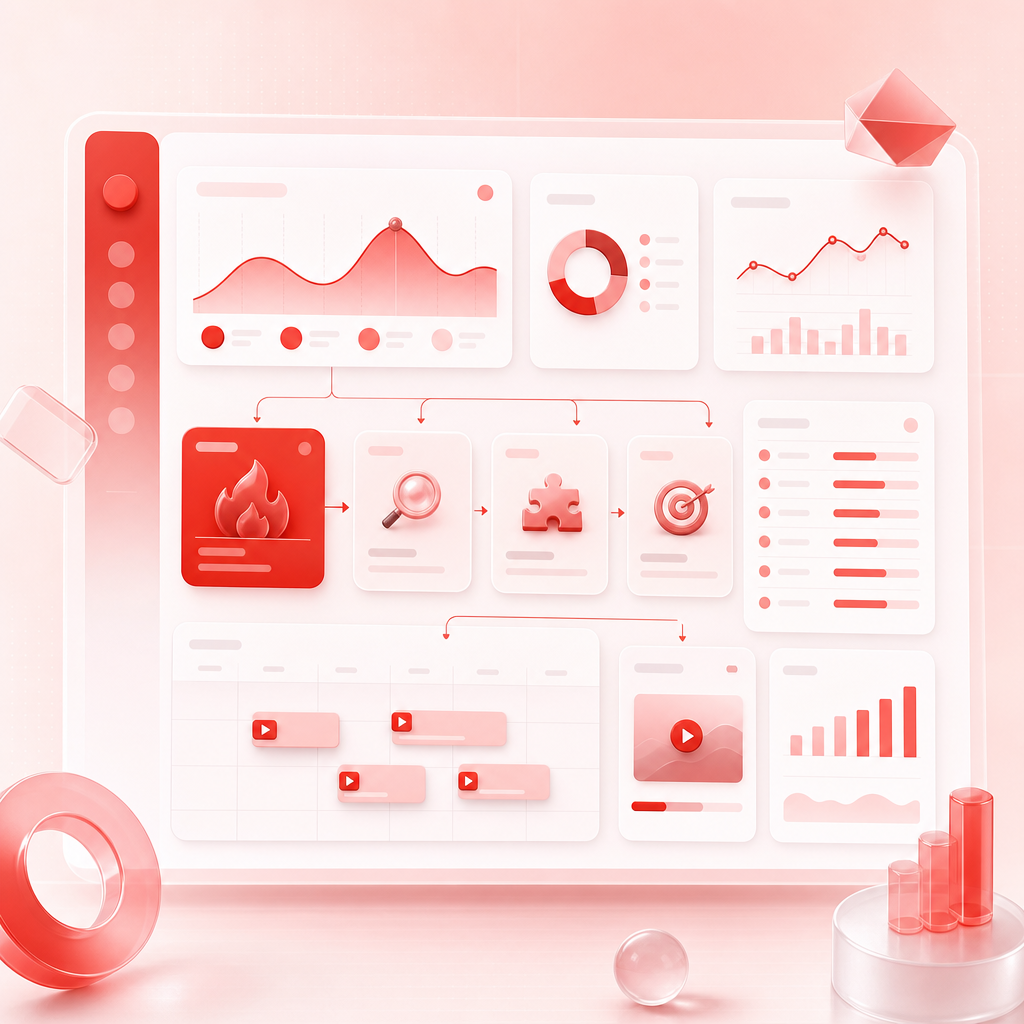 Dashboard-style content pipeline visualization with trend, gap, keyword, and publishing workflow panels.