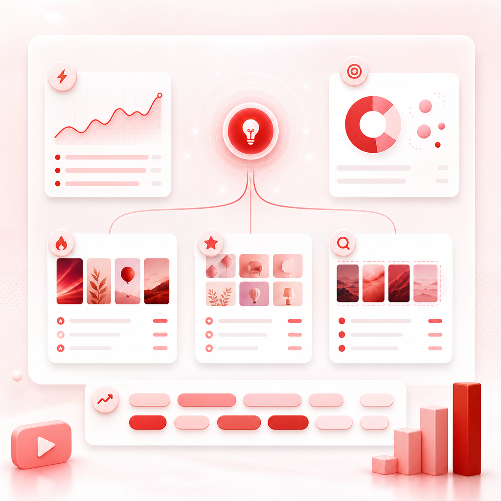 Abstract premium app illustration representing a topic discovery engine and content gap workflow.