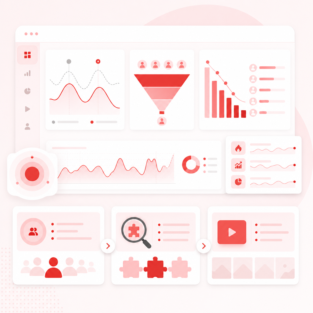 Abstract dashboard illustration representing search demand, competition pressure, and research-driven video ideas.