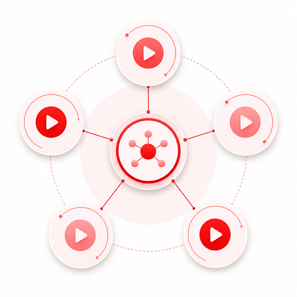 Modern illustration of topic clusters connected like a graph for consistent YouTube content ideas.