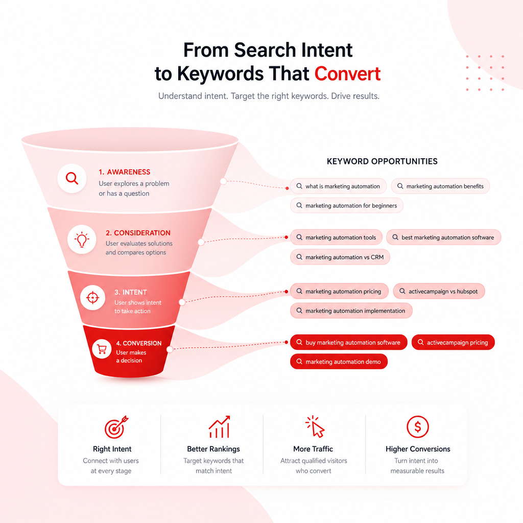 Modern illustration showing search intent and keyword research workflow for lower-competition YouTube ideas.