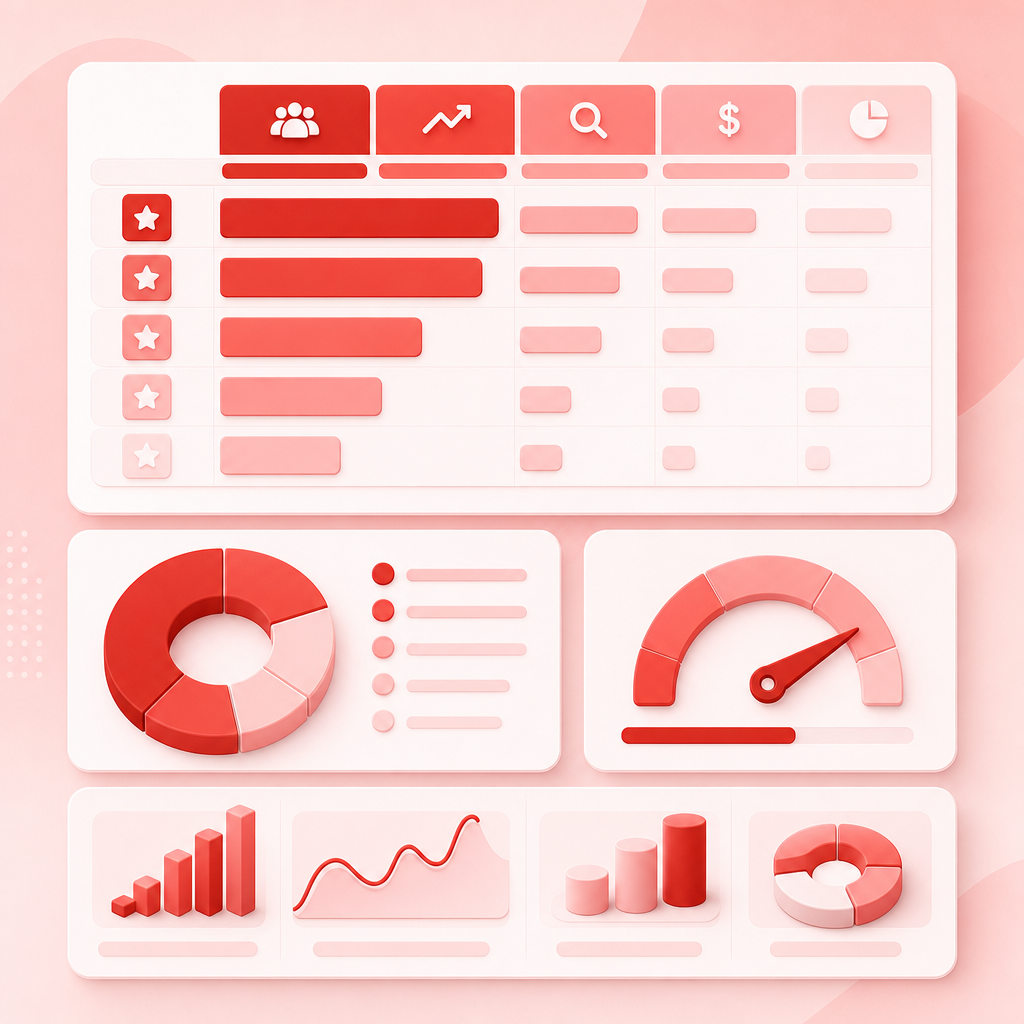 Abstract scoring template dashboard illustration with weighted rubric panels.