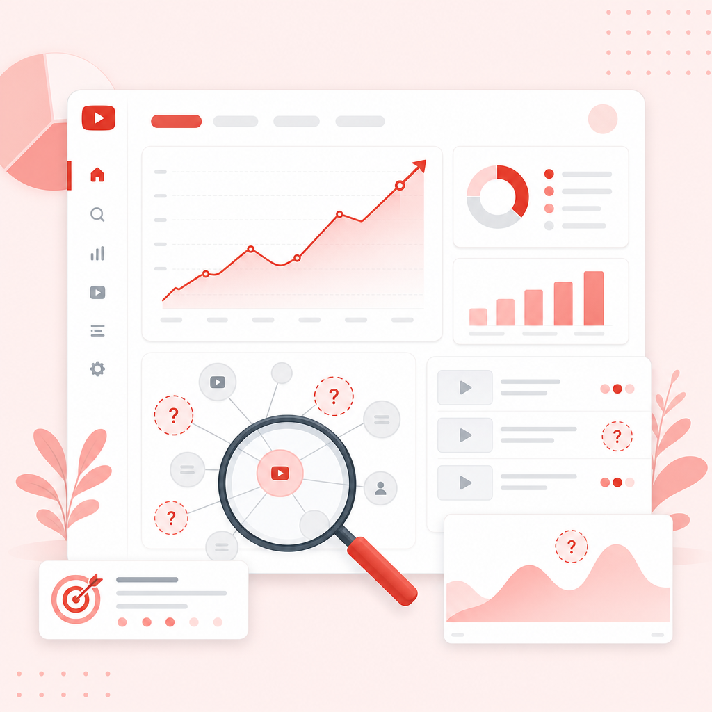 Illustration of a YouTube niche analyzer dashboard highlighting what’s already working and content gaps.