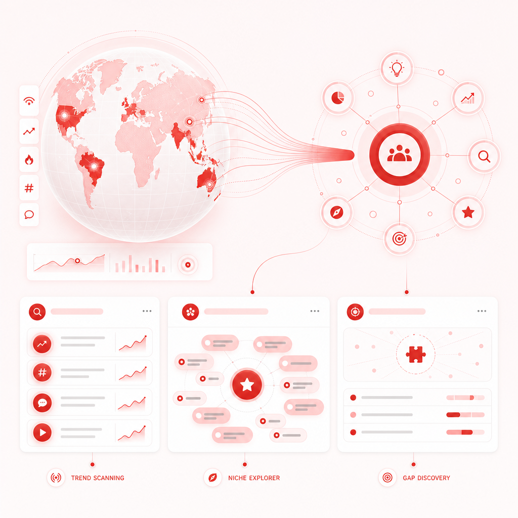 Illustration of real-time global trend scanning and content gap discovery for YouTube niches.