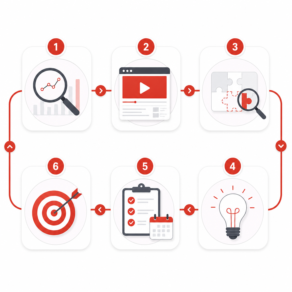 Illustration showing a six-step workflow for turning YouTube trends into ecommerce video ideas.