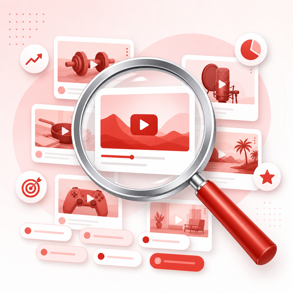 Illustration showing a tool scanning YouTube activity such as trends, videos, and keyword patterns.