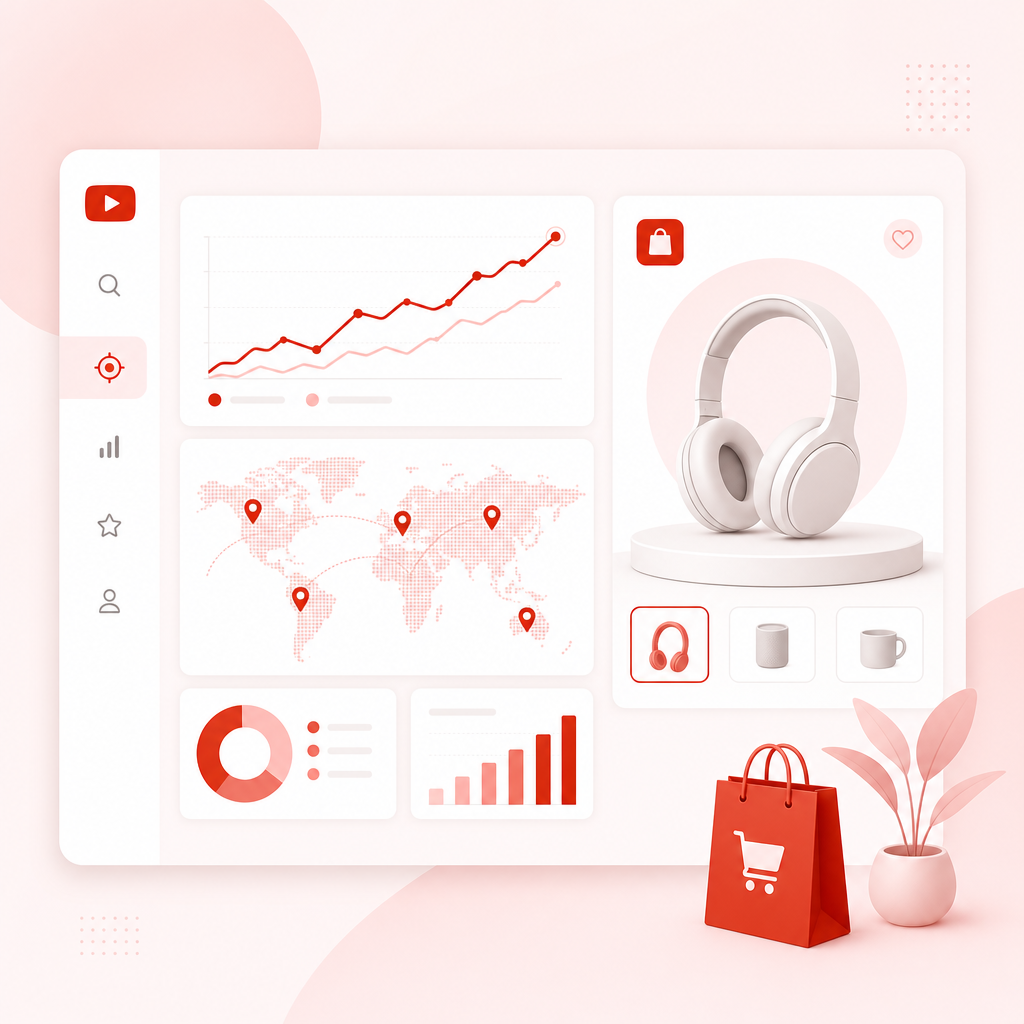Illustration representing ecommerce YouTube niche discovery with trend signals and localization cues.