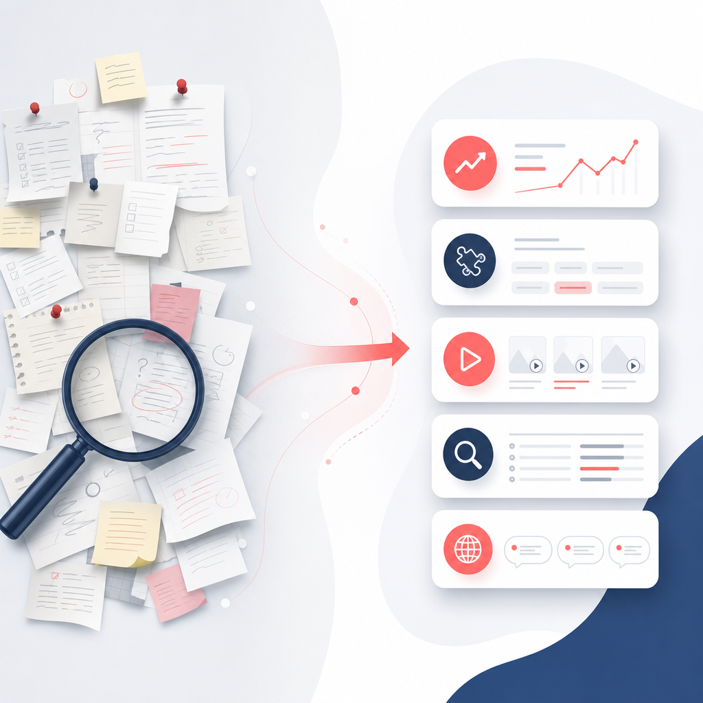 Illustration comparing manual research clutter to a streamlined integrated research workflow for YouTube.