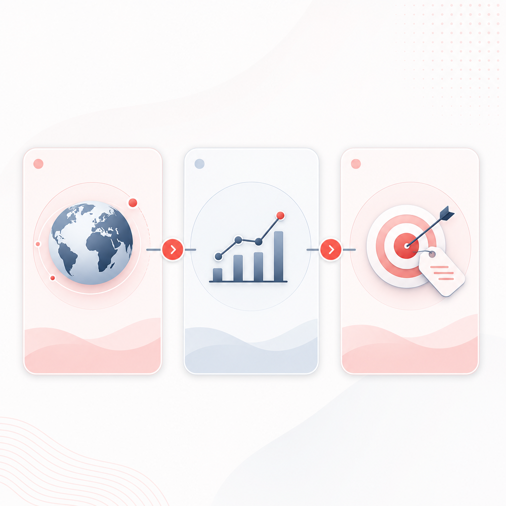 Illustration depicting a three-step workflow for scanning trends, detecting gaps, and generating keyword-ready video ideas.