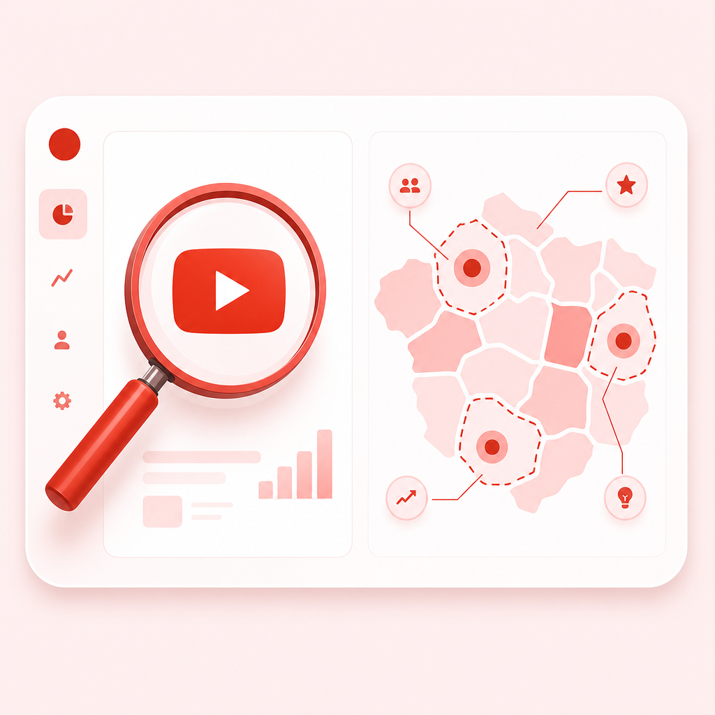 Illustration representing a YouTube niche finder dashboard with trend scanning and content gap highlights.