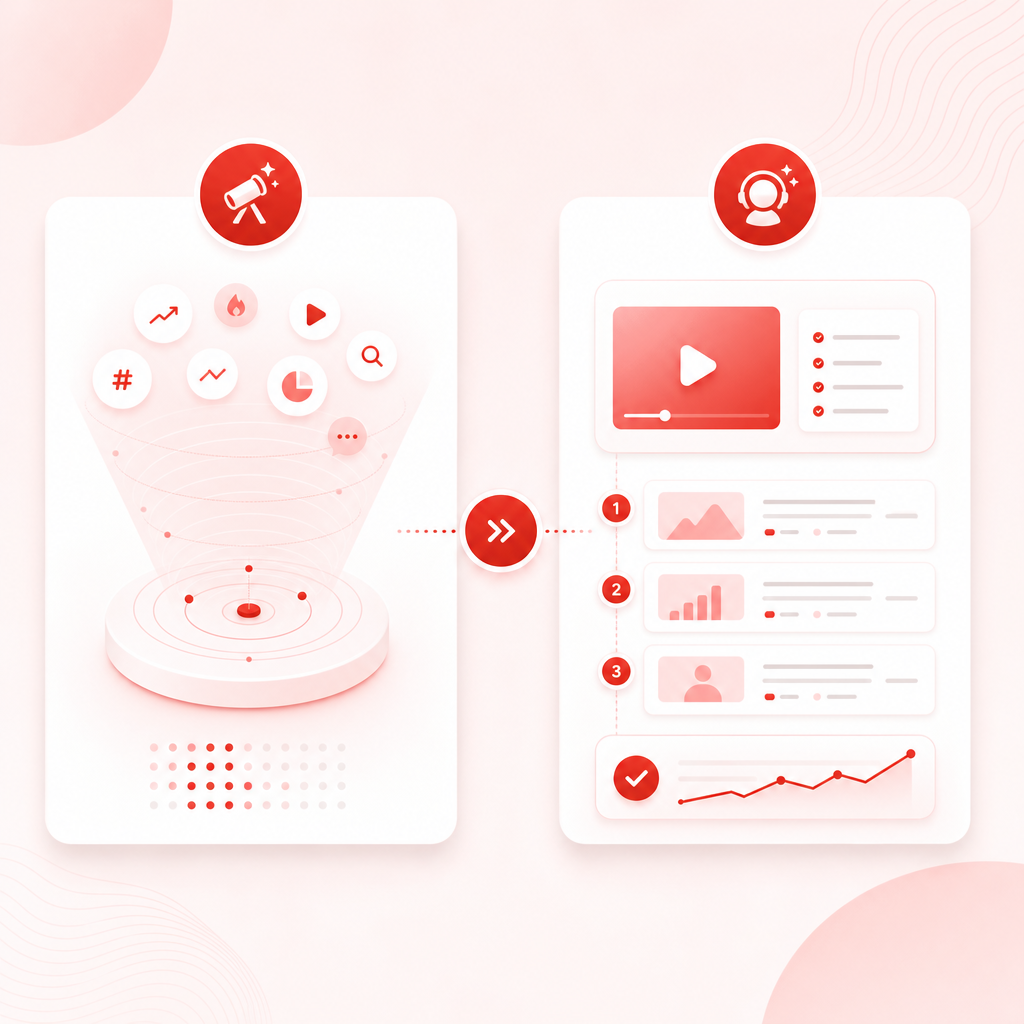 Illustration of the GapTube.ai to GapCoach workflow turning content gaps into structured YouTube video plans.