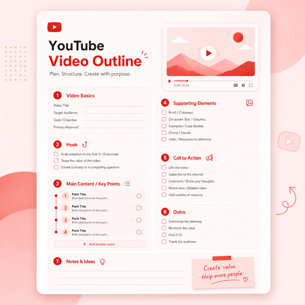 Illustration of a structured template for turning YouTube research into a ready-to-produce video outline and thumbnail direction.