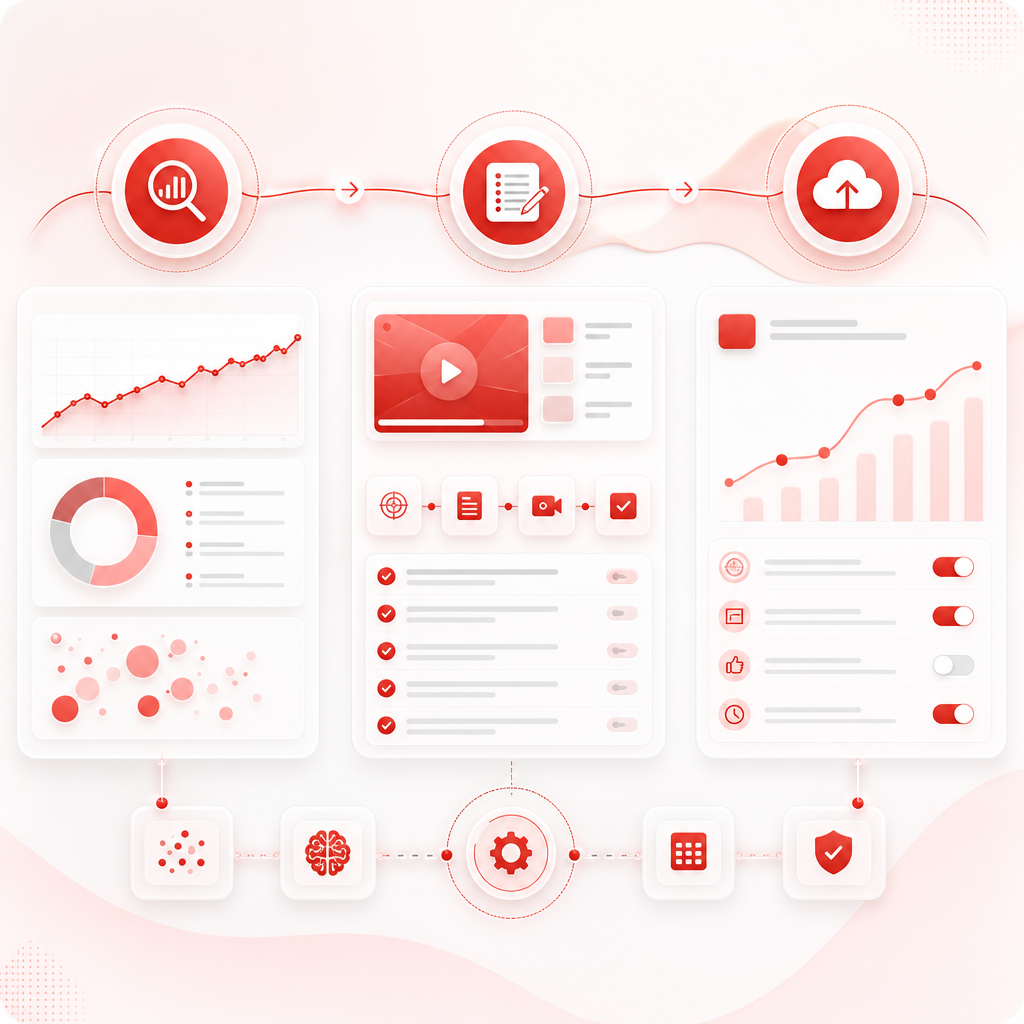 Abstract workflow dashboard illustration showing a trend-to-video planning process for YouTube content.