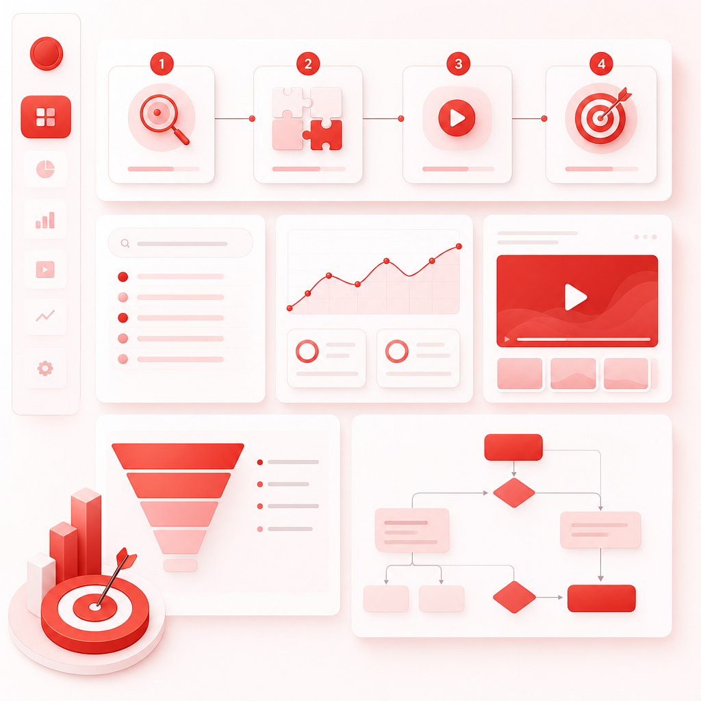 Abstract playbook dashboard illustration representing a YouTube SEO framework for tax strategy videos.