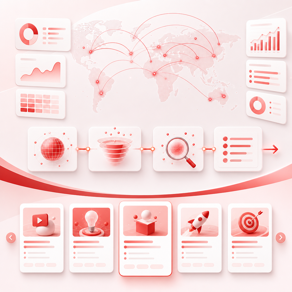 Abstract dashboard illustration showing content gap detection and suggestions flow.