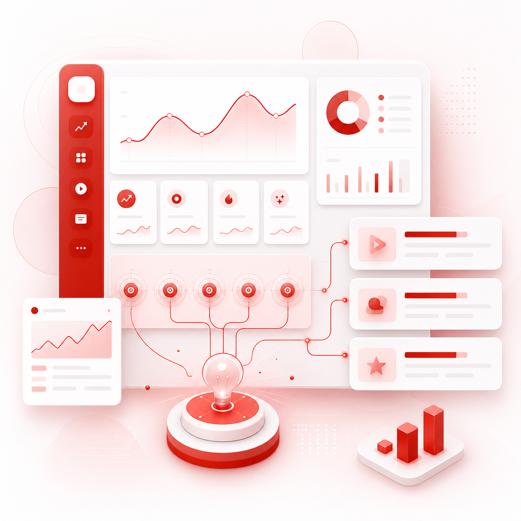 Abstract dashboard illustration showing trend signals and content gap cards.