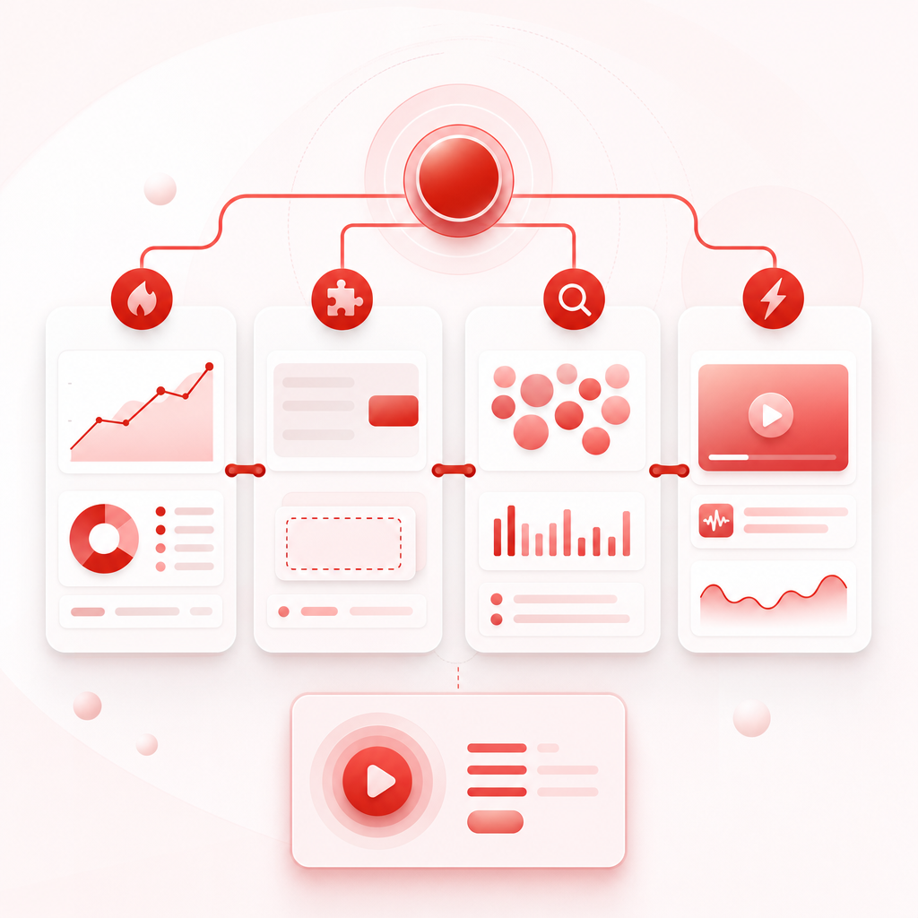 Abstract workflow illustration representing Trend, Gap, Keywords, and Hook.