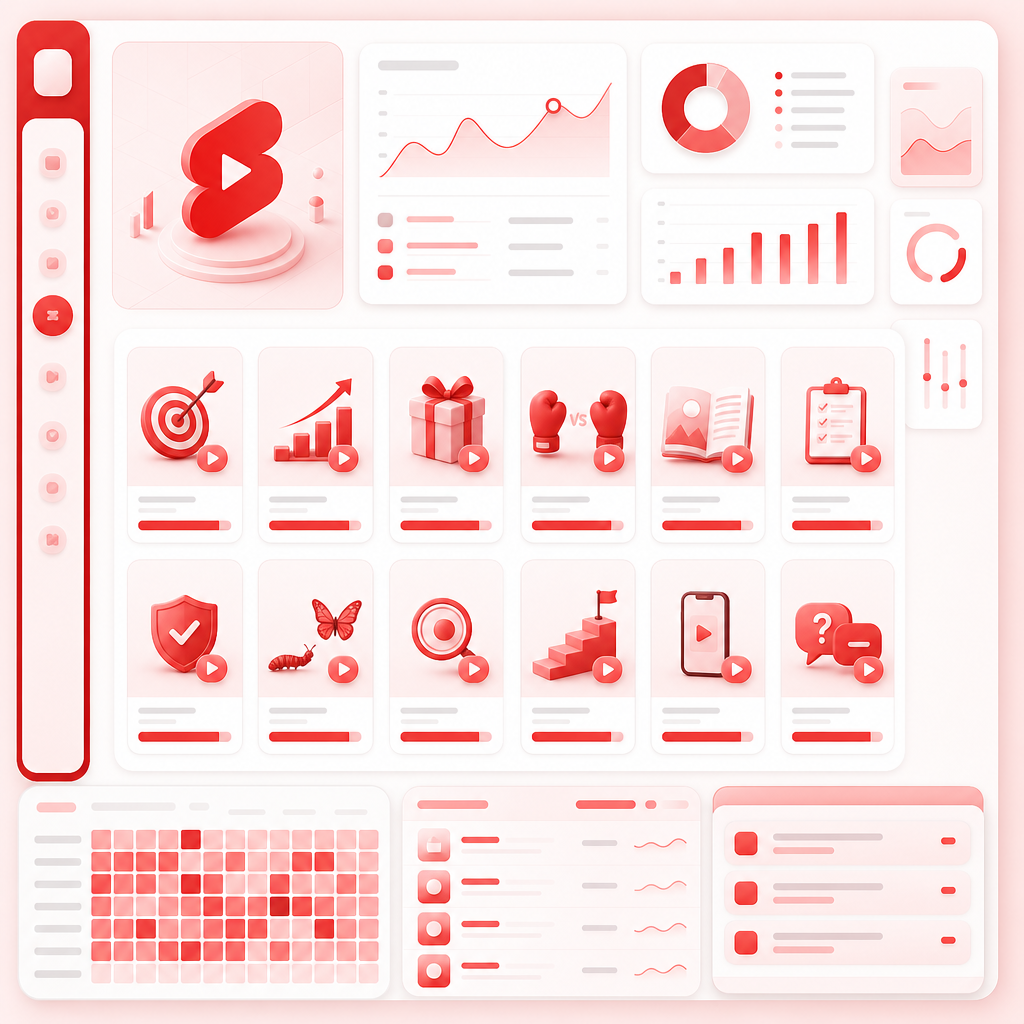 Dashboard-style grid of content format cards for planning YouTube Shorts ideas.
