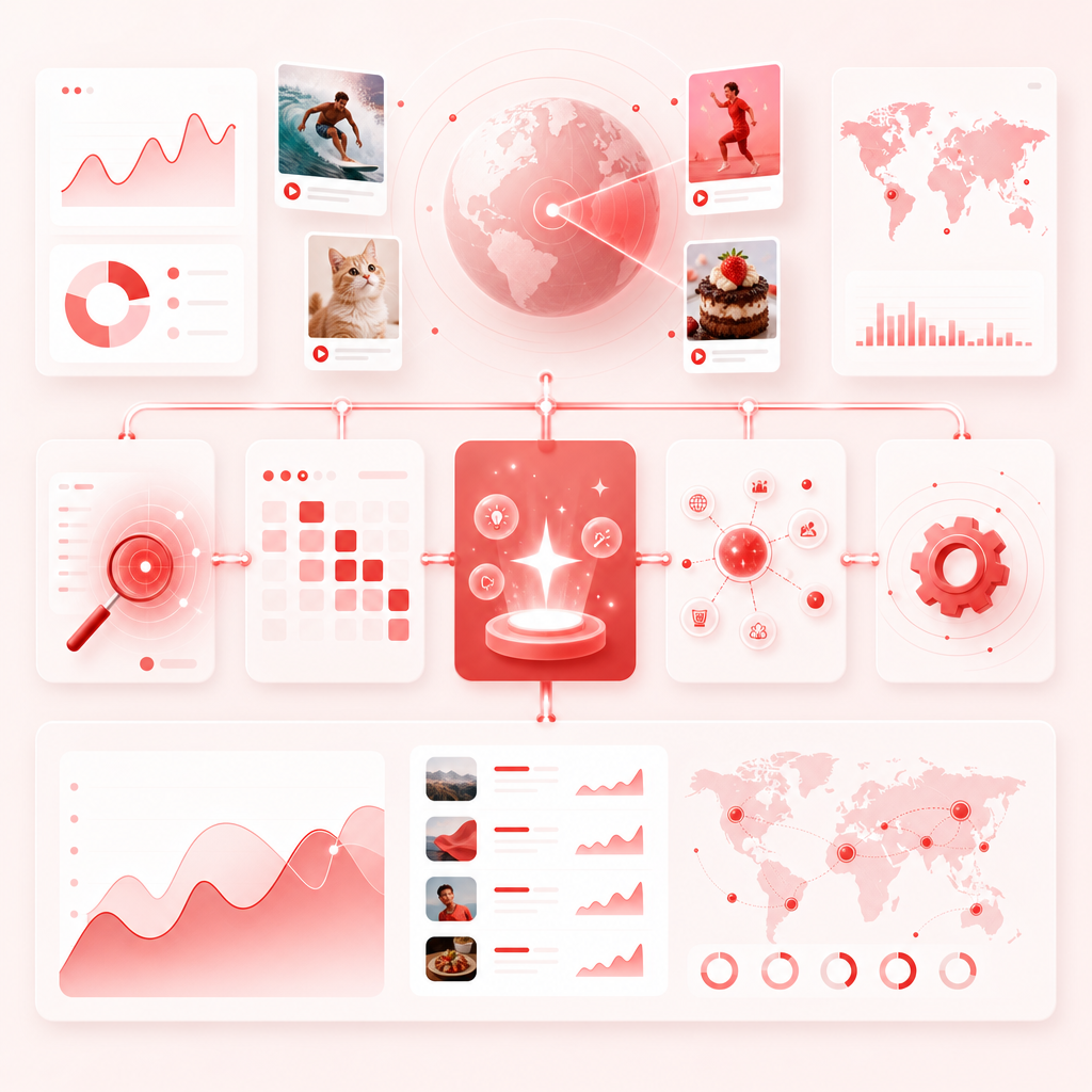 AI research dashboard concept showing trend scanning, content gaps, and ready-to-create Shorts topic cards.