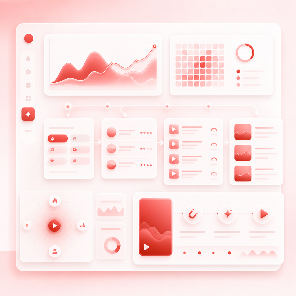 SaaS dashboard concept showing a daily YouTube Shorts research workflow with trend, niche, gap, and script panels.