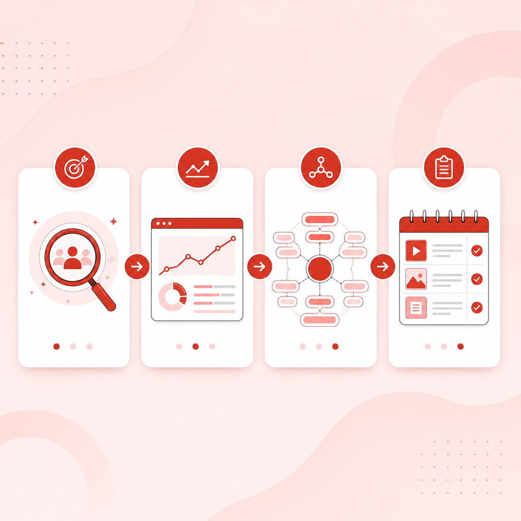 Illustration of a four-step discovery workflow turning YouTube trends into content plans.