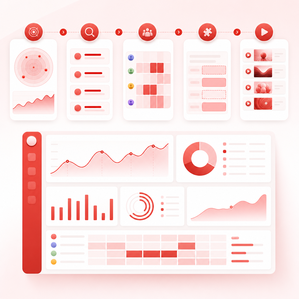 Workflow dashboard illustration showing trend scanning, keyword analysis, competitor patterns, gap detection, and Shorts ideas.
