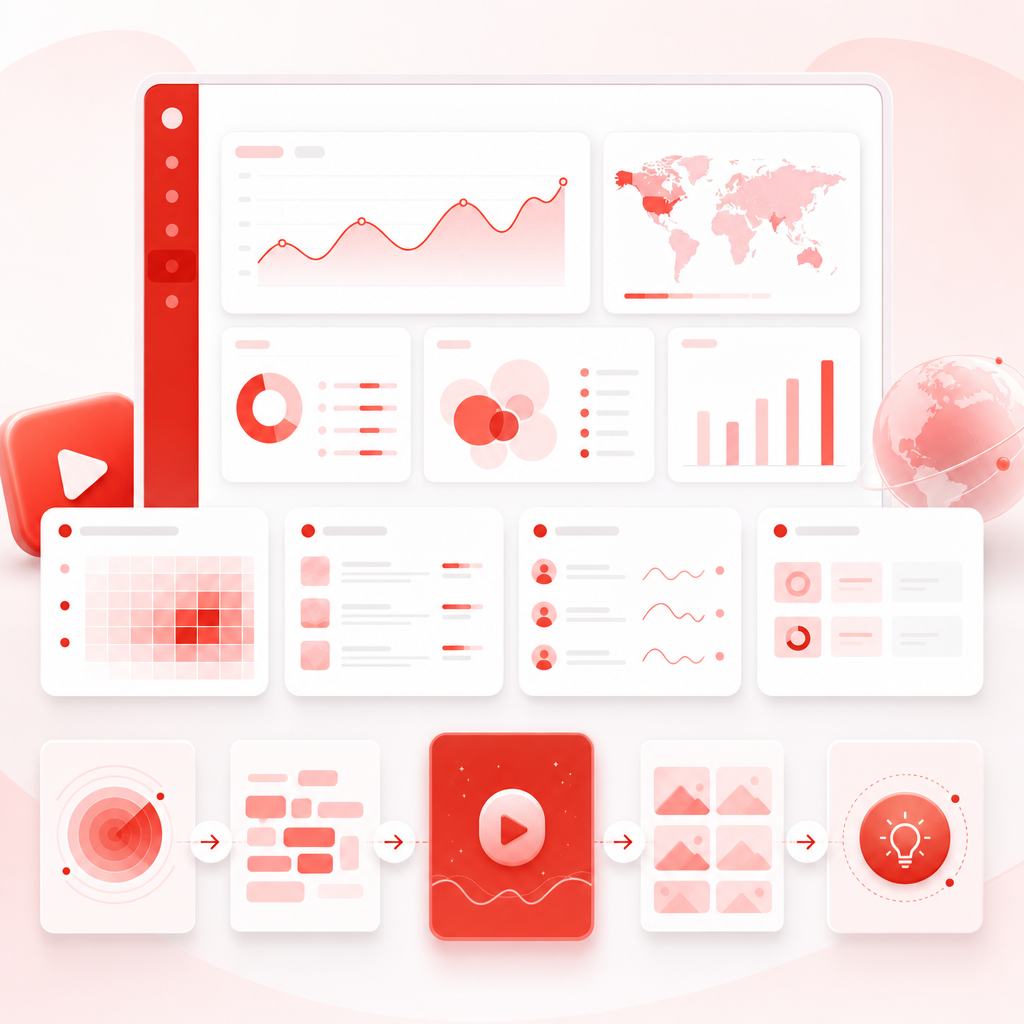 Dashboard illustration showing trend, keyword, competitor, and content gap research panels.