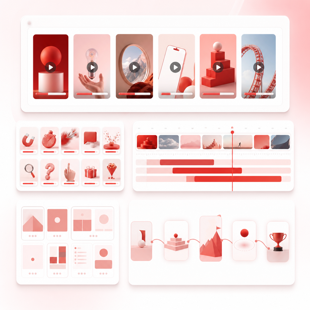 Illustration of a dashboard organizing repeatable Shorts formats and content structures.