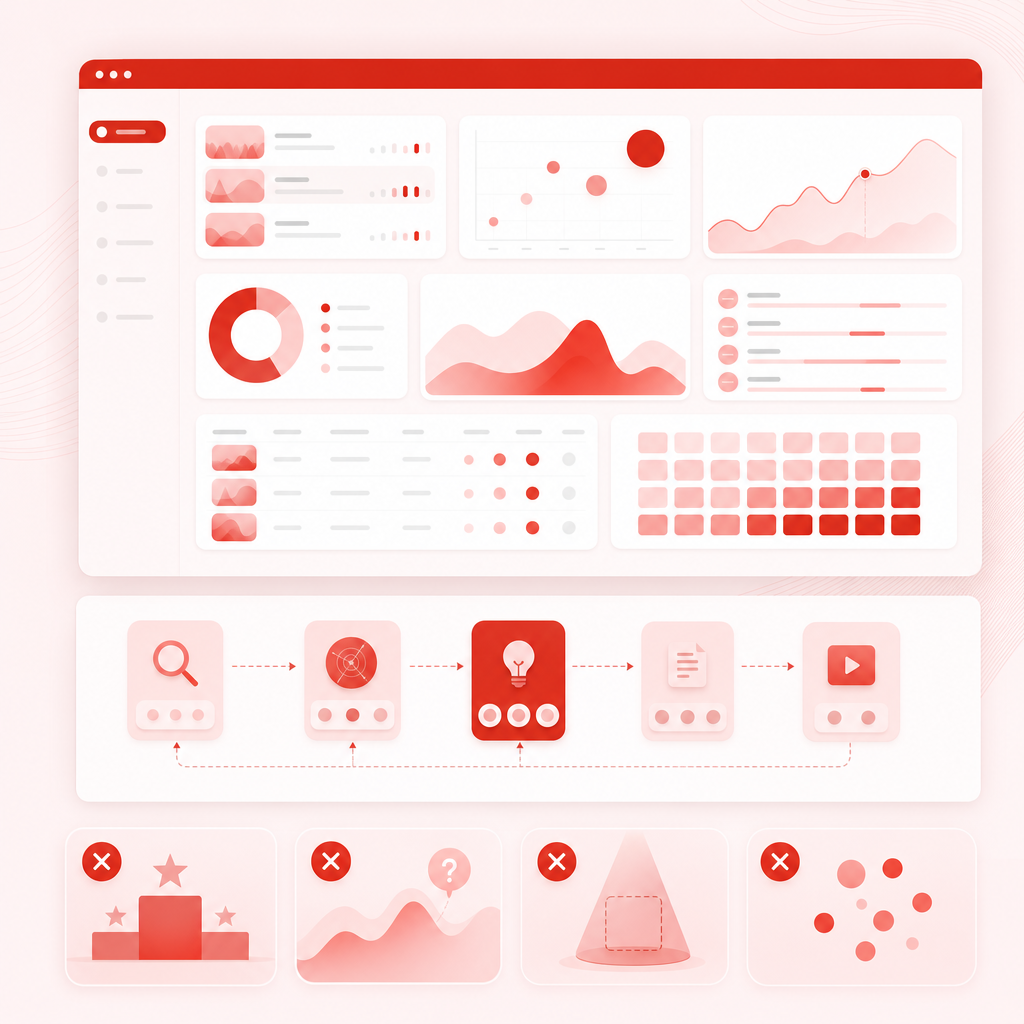 Dashboard-style illustration of long-form YouTube topic research and content bottlenecks