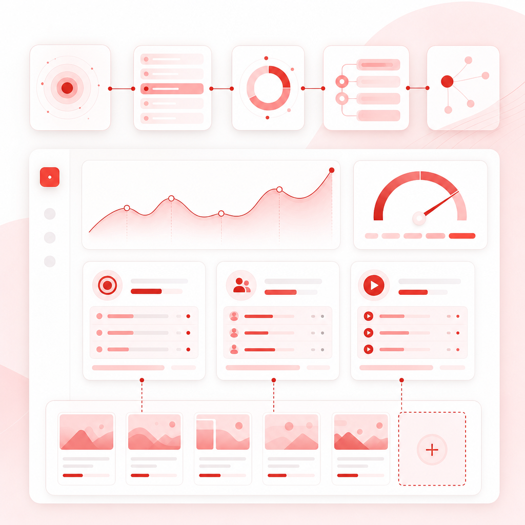 Workflow dashboard illustration for finding content gaps and scalable YouTube video ideas.