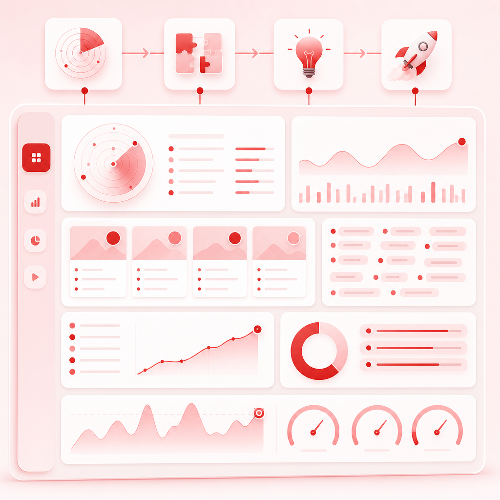 Content planning dashboard illustration showing trend scanning, gap discovery, keyword ideas, and publishing workflow.