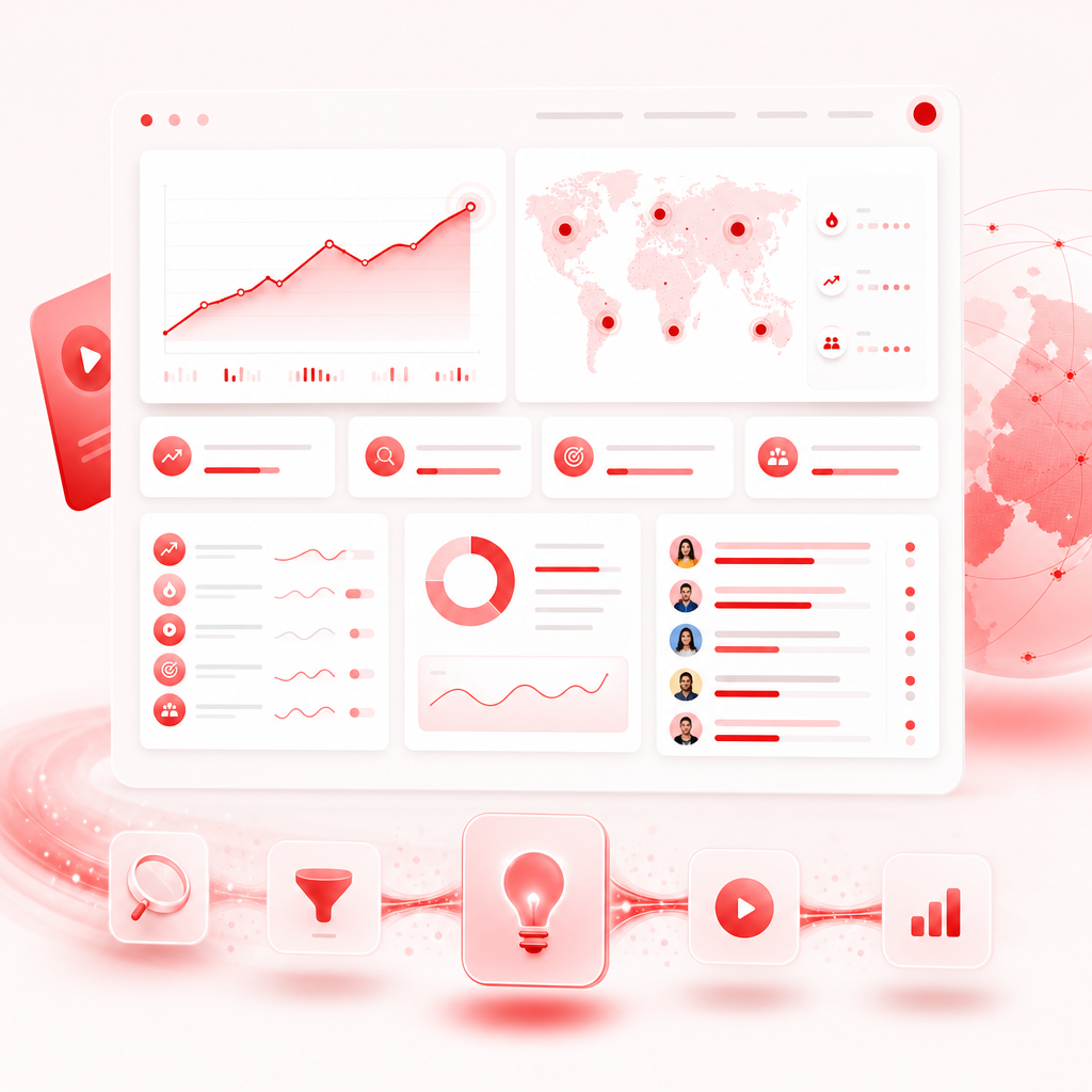SaaS dashboard illustration showing trend research cards and content gap panels.