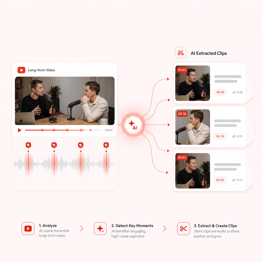 Illustration of AI extracting key moments from a long video and turning them into multiple short shareable clips.