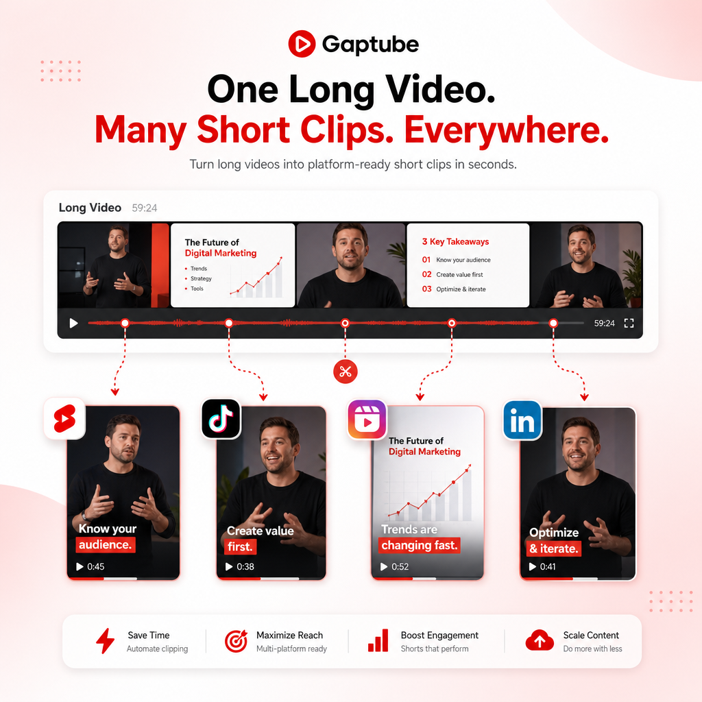 Illustration of turning one long video into many short, platform-ready clips for YouTube Shorts, TikTok, Instagram Reels, and LinkedIn.