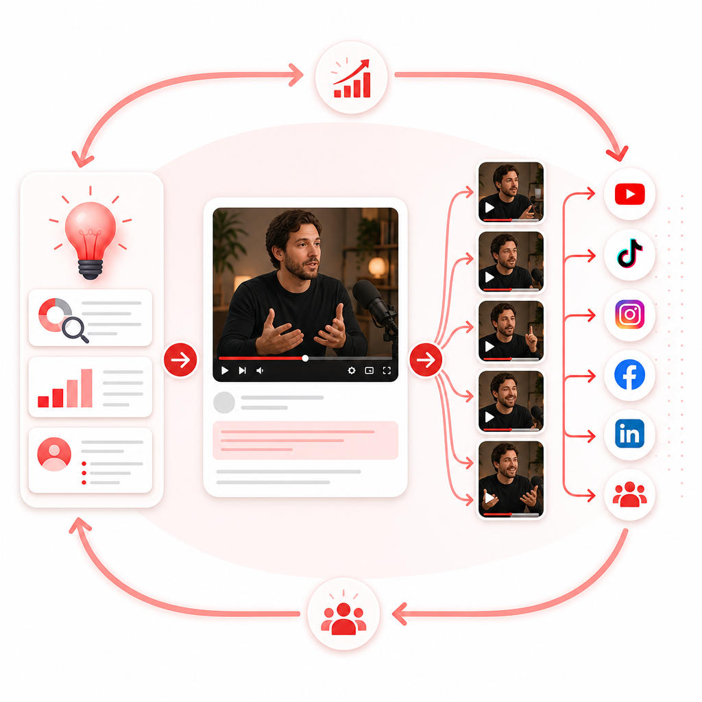 Illustration of a growth loop connecting idea research to long-form content and then distributing into multiple short clips.